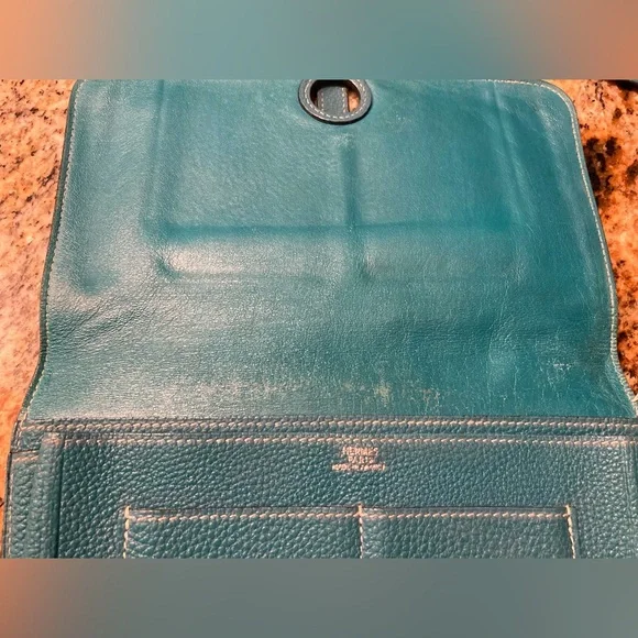 Hermes Turquoise Pebbled Leather Wallet - Picture 3 of 6
